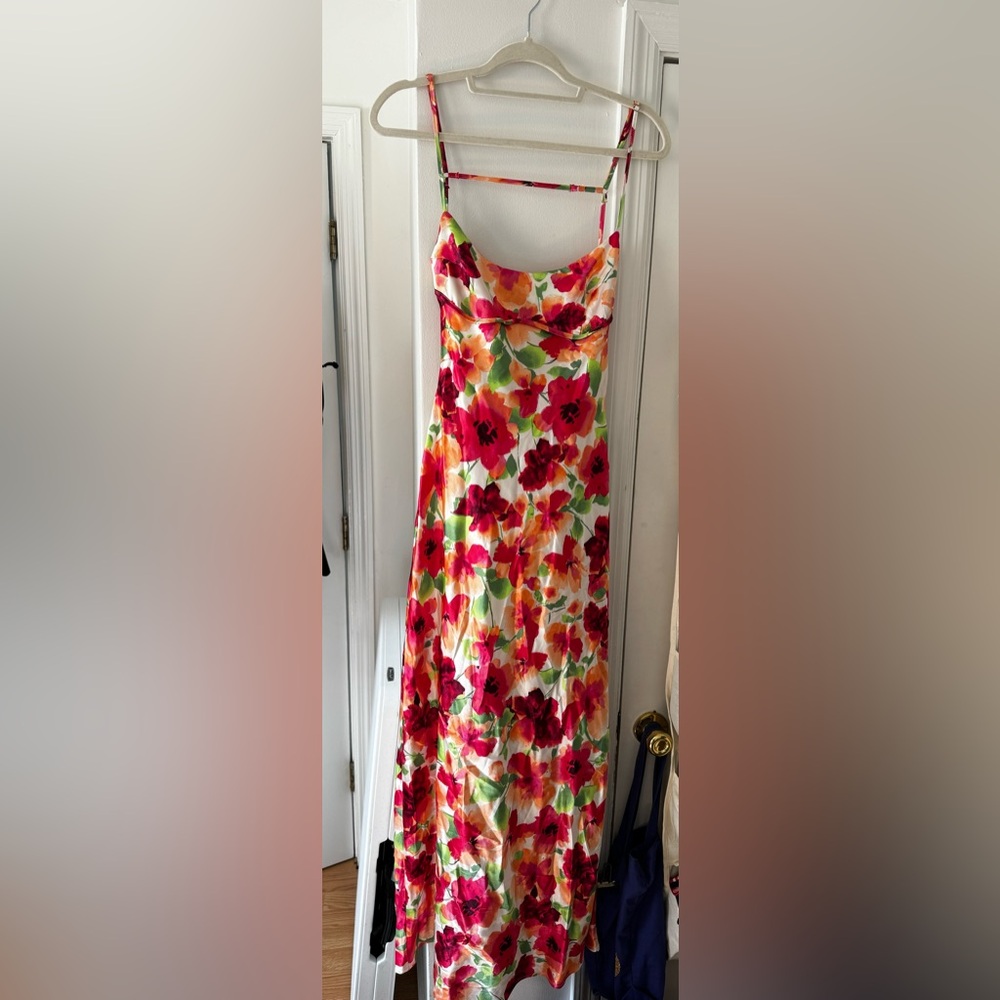 NWT Pink Satin Floral Midi Dress - Semi-Open Back - Wedding Guest Dress - Spring